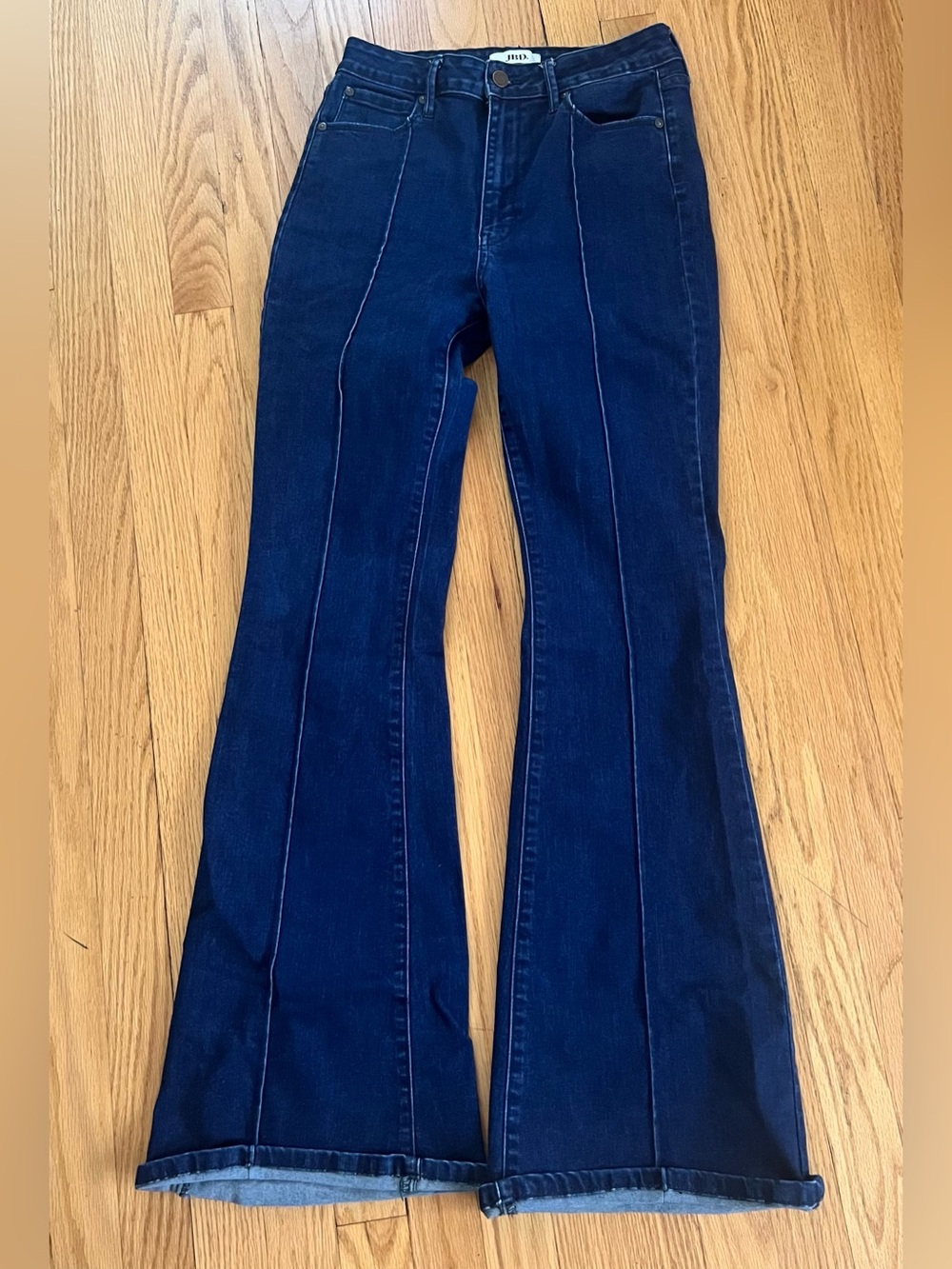 High-Rise Dark Blue Flare Jeans with Front Seams